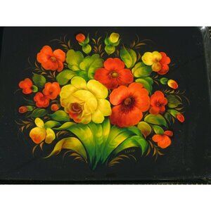 VTG Zhostovo Tray Metal Hand Painted Artist Signed USSR Rosmaling 17.5" x 13.5"